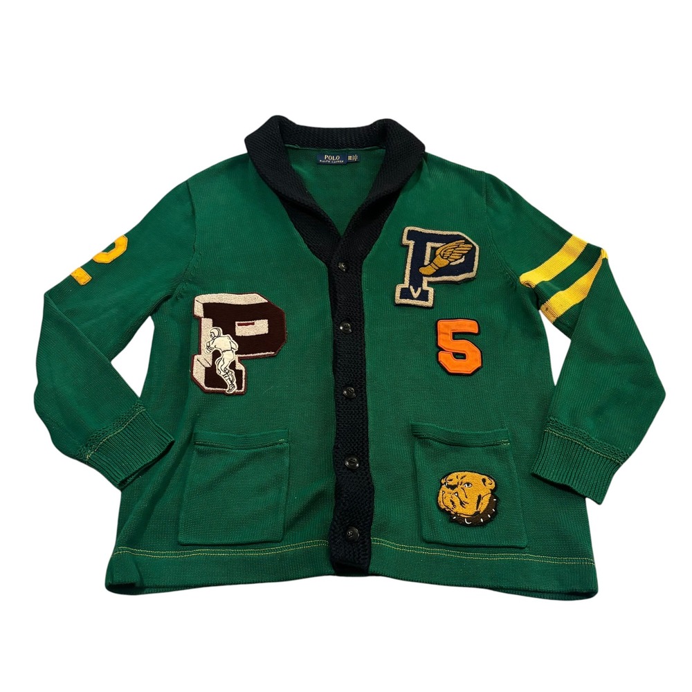 Polo Ralph‎ Lauren Men Green Varsity Patch Shawl Cardigan Sweater 1XB Big & Tall